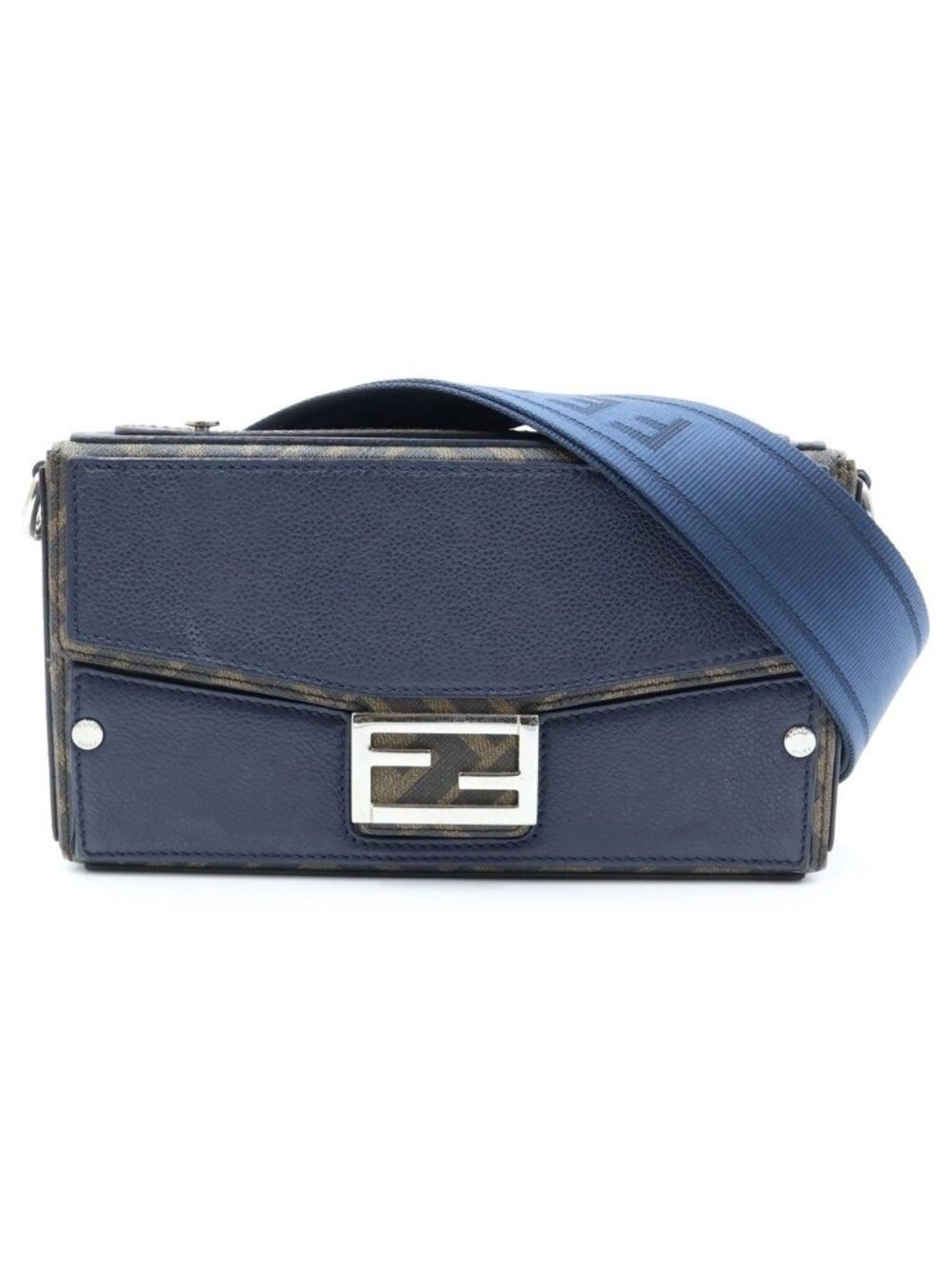Fendi Baguette Soft Trunk Shoulder Bag Leather Brown Navy